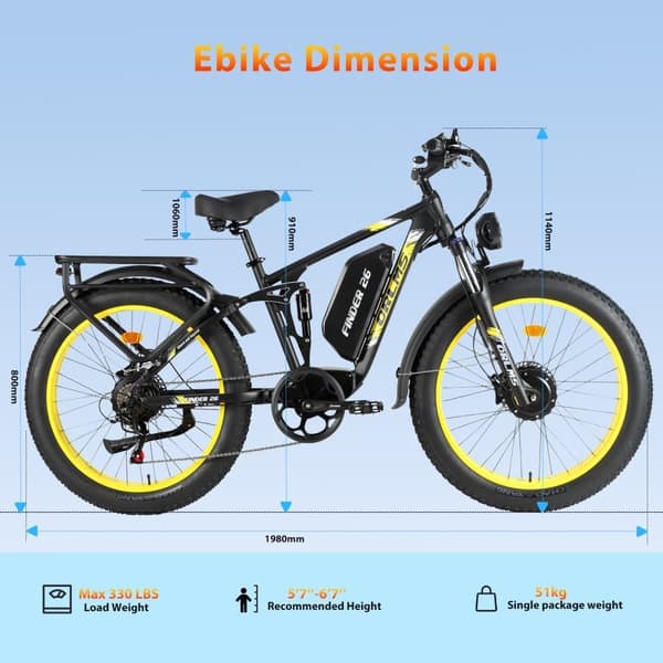 ORLMS FINDER26 Elcykel för vuxna 1000W*2W Motor 52V 25AH Batteri 26” Däck Elcykel Laddningstid 8-9 timmar