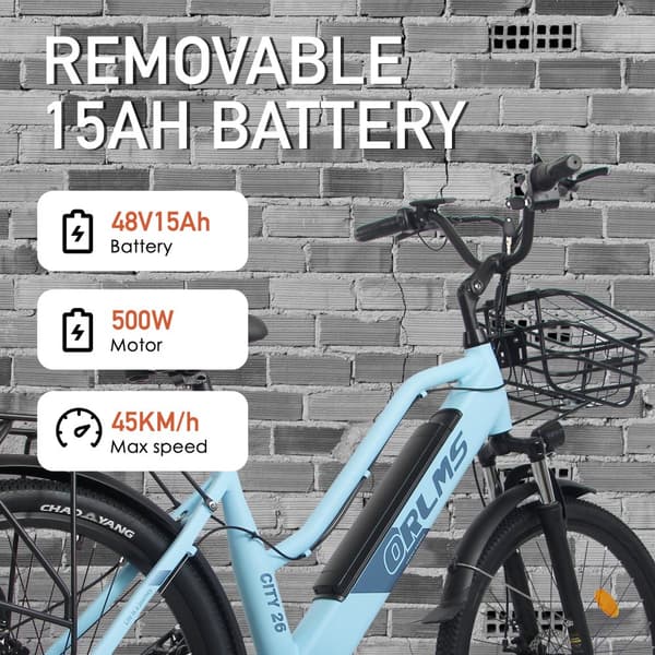 ORLMS City Lady sähköpyörä aikuisille 500 W moottorilla 48 V 15 Ah kaupunkityömatkapyörä sähköpyörällä 26 tuuman renkailla, huippunopeus 45 km/h