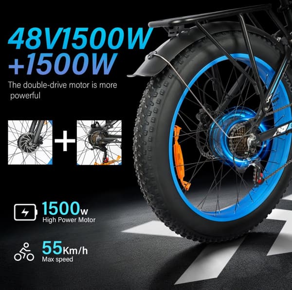 Baolujie DP-2603 kaksoismoottorinen sähköpyörä aikuisille, 26 tuuman paksurenkainen, 3000 W, 48 V, 25 Ah, sähköpyörä, hydraulinen levyjarru