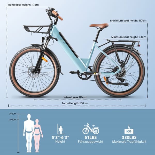 KAISDA K601 Elcykel för vuxna 250W Stadspendlare Elcykel 36V 16Ah Batteri 26-tums Däck Elcykel