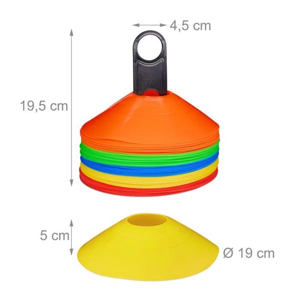 Relaxdays - 10049523 - Sportplott, Set med 50, 5 färger, med stöd och väska, i plast PE, H x D: 5 x 19 cm, färgglad