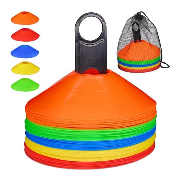 Relaxdays - 10049523 - Sportplott, Set med 50, 5 färger, med stöd och väska, i plast PE, H x D: 5 x 19 cm, färgglad