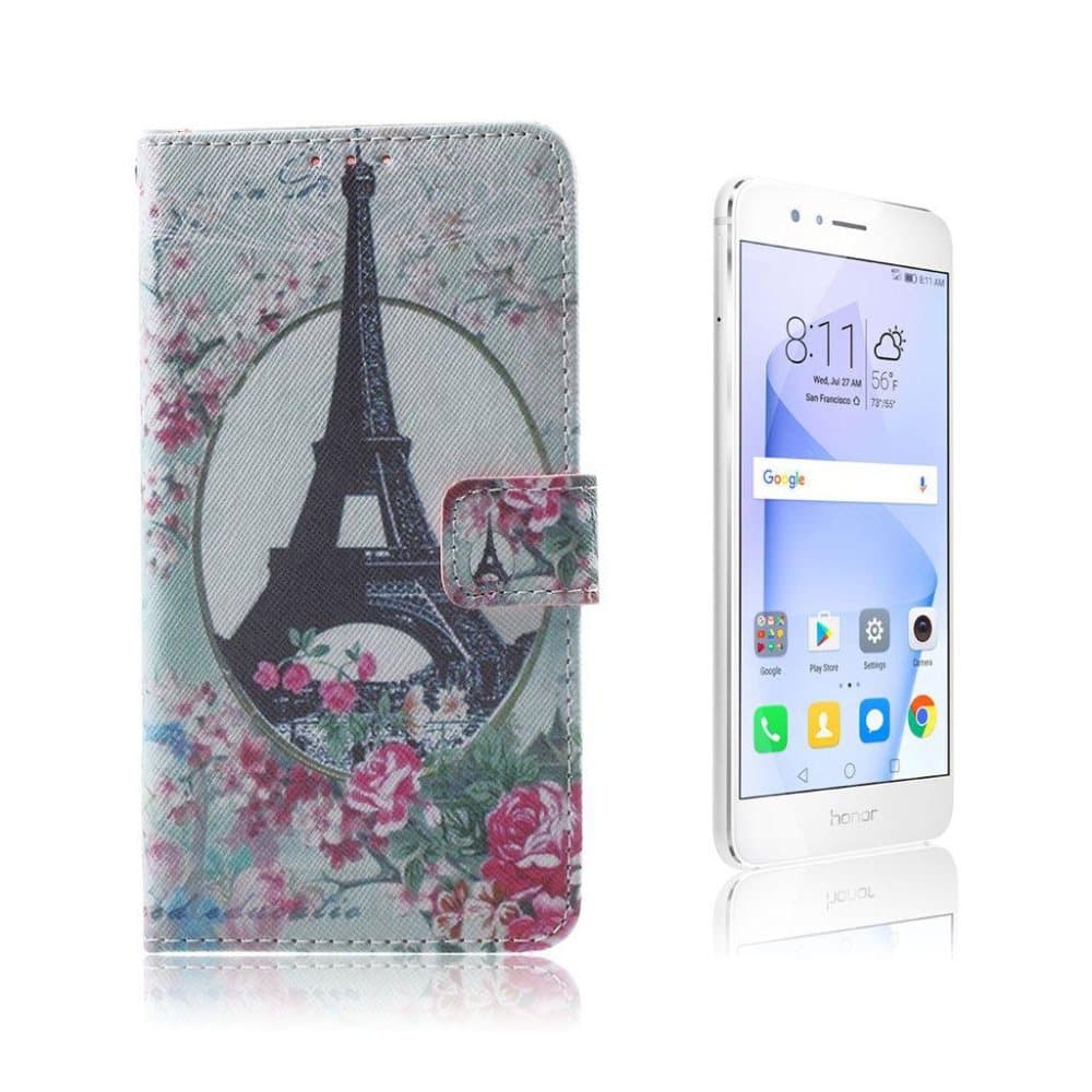 Callme Huawei Honor 8 læder-etui - Eiffeltårn og blomster
