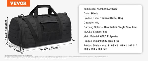 Sotilaallinen taktinen duffel-laukku, 45L kapasiteetti, MOLLE-järjestelmä,Matkalaukku 45L