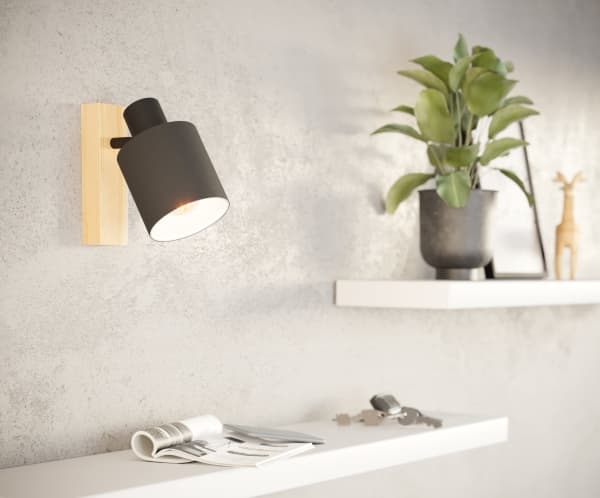 EGLO LED-Wandleuchte Batallas 1 E27 Holz/schwarz, Utanpåliggande spotlight, E27, 1 lampor, 220-240 V, Svart, Brun, Vit