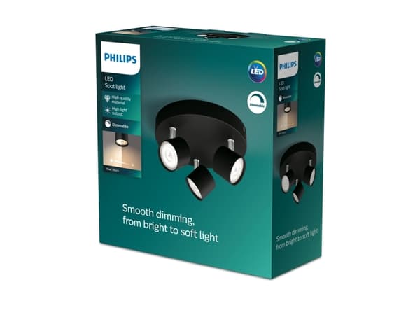 Philips Star tak-/väggspotlight 3 x, Nedtryckbar spotlight, Glödlampan/-lamporna kan inte bytas ut, LED, 2700 K, 1500 LM, Svart
