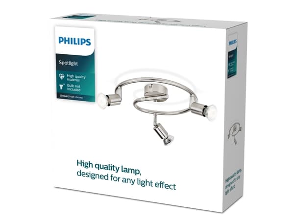 Philips myLiving Limbali tak-/väggspotlight 3 x, Skena för spotlight, GU10, 3 lampor, LED, 230 V, Krom