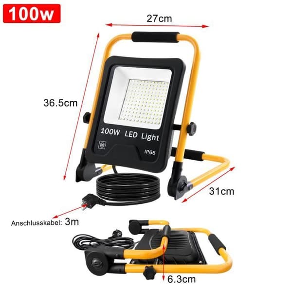 XMTECH Outdoor LED Flood Light med fäste och strömkabel - 100W kallvit - LED utomhusspotlight IP66 - för verkstad