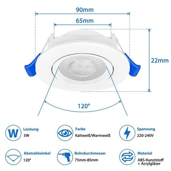 XMTECH paket med 20 infälld spotlight LED Downlight Panel 5W Ultra Slim Cool White, 5W takspotlight, för badrum, vardagsrum, sovrum