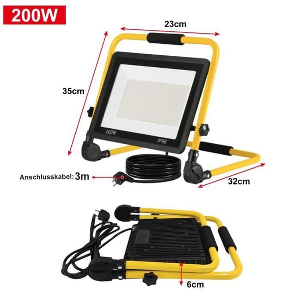 XMTECH Outdoor LED Flood Light med fäste och strömkabel - 200W varmvit - LED utomhusspotlight - IP66