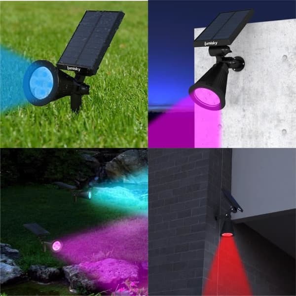 Paket med 2 vattentäta utomhussolstrålkastare - LUMISKY - 4 färgade RGB-lysdioder - 200 Lumen - Vridbart huvud vid 90°C