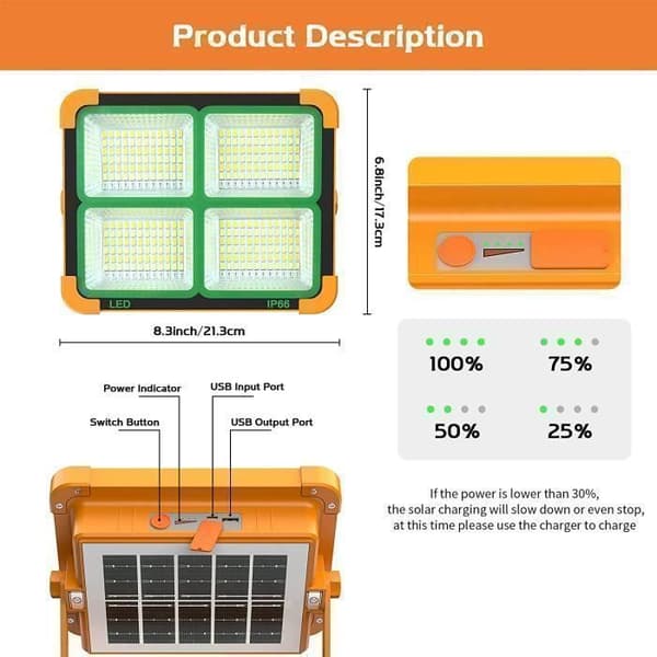 100W uppladdningsbar LED-strålkastare 3000LM, bärbar lykta arbetslampa med solpanel, 3500mAh USB uppladdningsbar lampa