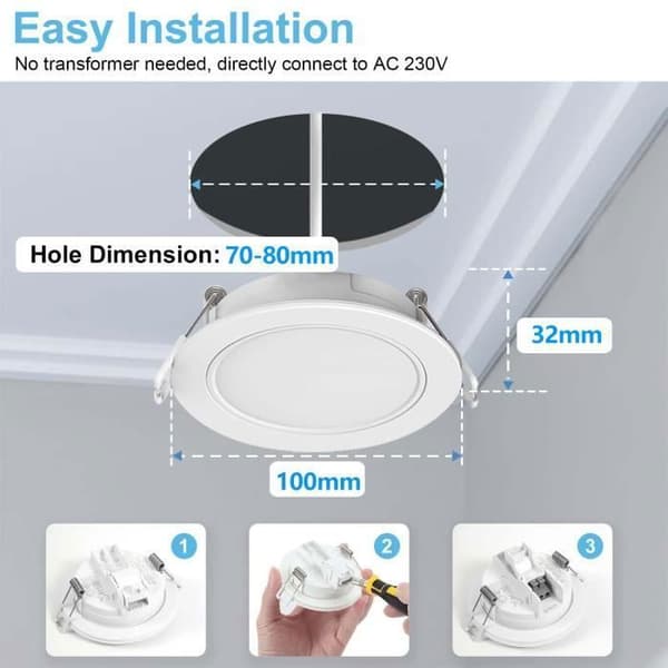 LED infälld spotlight, 10x 5W IP65 400LM 2700K varmvit, extra platt Ultratunn spotlight 35MM, hål 68-80mm infälld spotlight