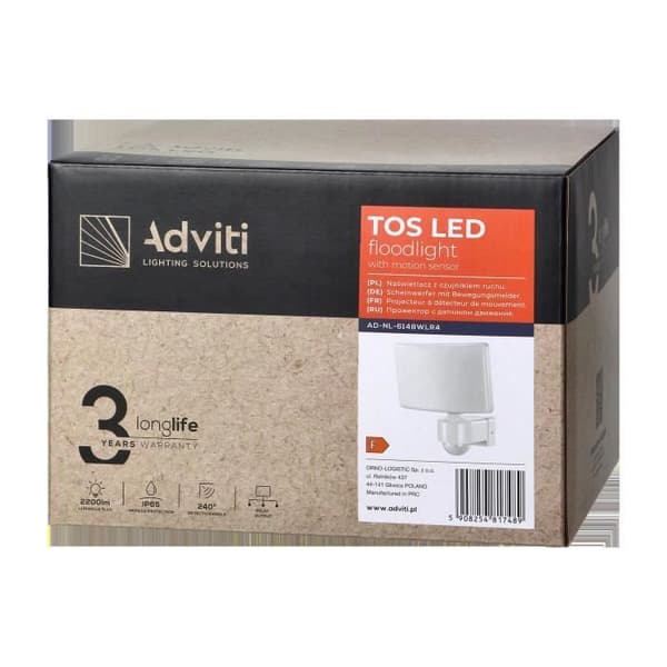Vattentät utomhusstrålkastare TOS LED 30W PIR-sensor 2200lm IP65 4000K vit ADVITI