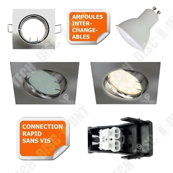 TD® SET OM 50 JUSTERBAR INFÄNGD SPOTLIGHT LED FYRKANTIG ALU BORSTAD GU10 230V ekv. 50W NEUTRAL VIT