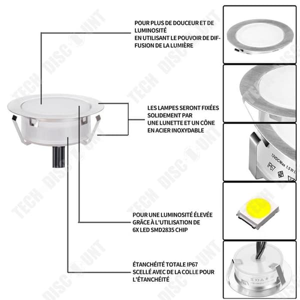 TD Infälld LED-spotlight 6 st 55mm 1,5W/st vattentät IP67 dimbar infälld LED-spotlight för träterrasstak 2800K varmvit