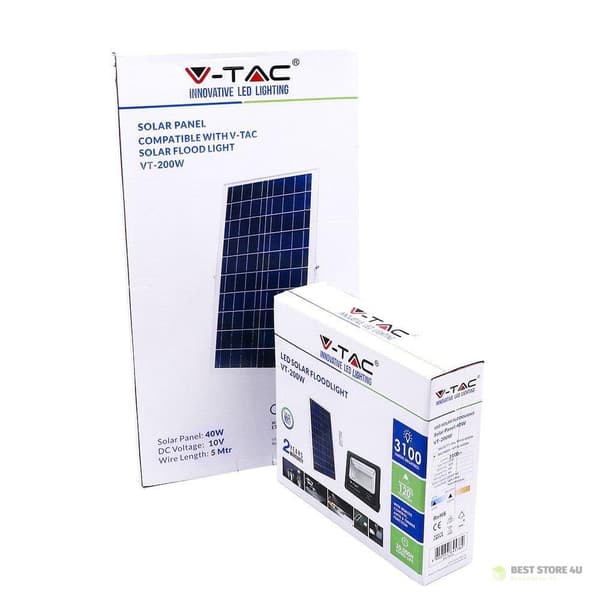 Solcellsdriven LED-projektor V-TAC 40W svart IP65, fjärrkontroll, timer VT-200W 4000K 3100lm