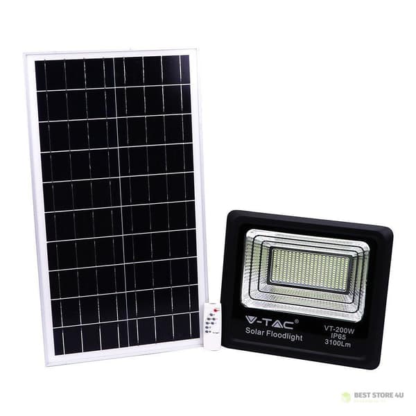 Solcellsdriven LED-projektor V-TAC 40W svart IP65, fjärrkontroll, timer VT-200W 4000K 3100lm