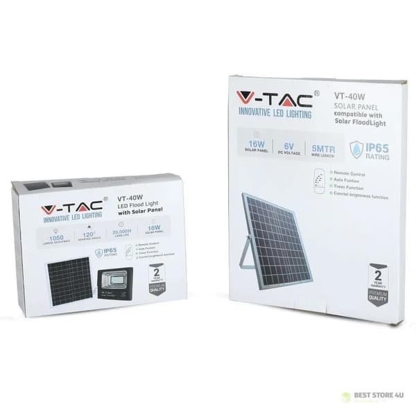 Solcellsdriven LED-projektor V-TAC 16W Svart IP65, Fjärrkontroll, Timer VT-40W 6000K 1050lm