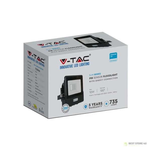 LED-projektor V-TAC 10W SAMSUNG CHIP Rörelsesensor Svart MED MUFF VT-118S 3000K 735lm 5 års garanti