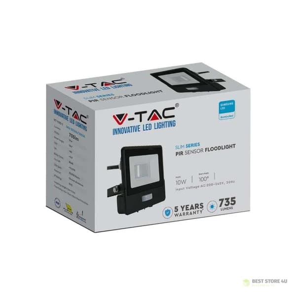 LED-projektori V-TAC 10W SAMSUNG CHIP Liiketunnistin Musta Kaapeli 1M VT-118S-1 6400K 735lm 5 Vuoden Takuu