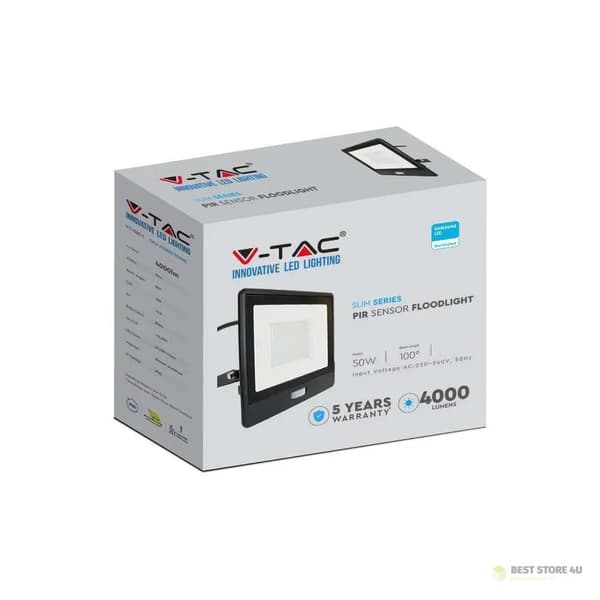 LED-projektor V-TAC 50W SAMSUNG CHIP bevægelsessensor sort kabel 1M VT-158S-1 4000K 4000lm 5 års garanti
