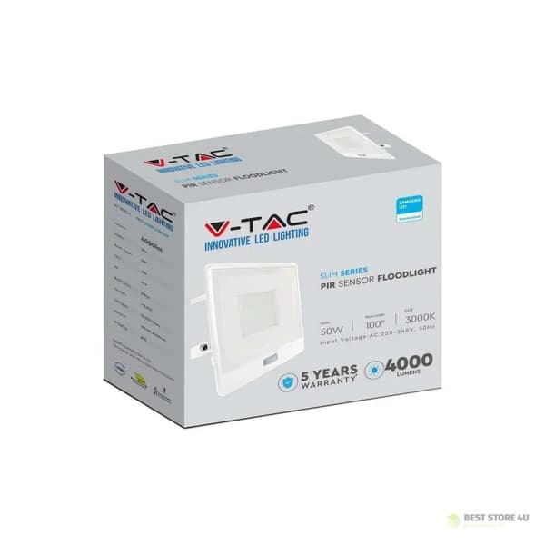 LED-projektor V-TAC 50W SAMSUNG CHIP Rörelsesensor Vit kabel 1M VT-158S-1-W 6400K 4000lm 5 års garanti