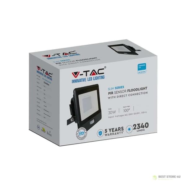 LED-projektor V-TAC 30W SAMSUNG CHIP bevægelsessensor sort MED MUFF VT-138S 3000K 2340lm 5 års garanti