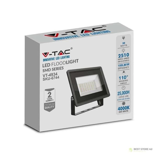 LED-projektor V-TAC 30W SMD F-KLASSE Sort VT-4934-B 4000K 2510lm