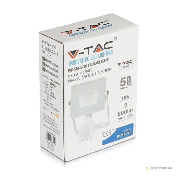 LED-projektor V-TAC 10W SAMSUNG CHIP Rörelsesensor Avstängningsfunktion Vit VT-10-SW 6400K 800lm 5 års garanti