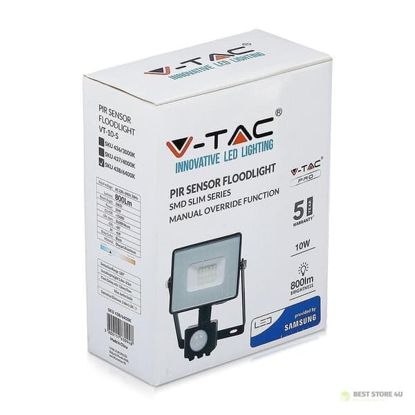 LED-projektor V-TAC 10W SAMSUNG CHIP bevægelsessensor afbrydelsesfunktion sort VT-10-SB 4000K 800lm 5 års garanti