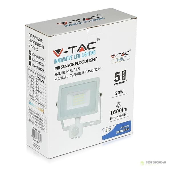 LED-projektor V-TAC 20W SAMSUNG CHIP Rörelsesensor Avstängningsfunktion Vit VT-20-SB 4000K 1600lm 5 års garanti