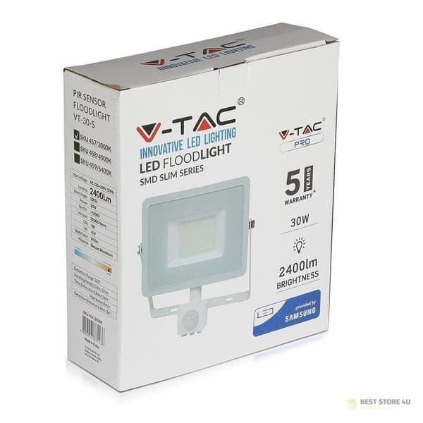 LED-projektor V-TAC 30W SAMSUNG CHIP Bevægelsessensor Afbrydelsesfunktion Hvid VT-30-SW 6400K 2400lm 5 års garanti