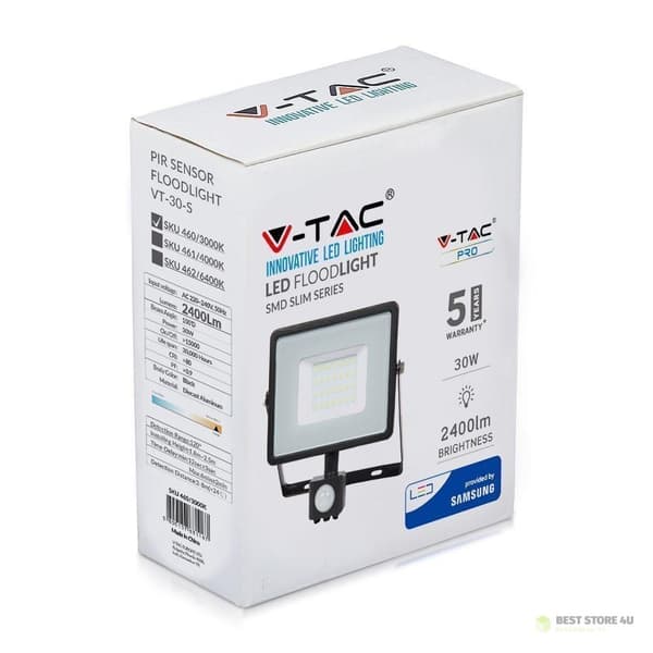LED-projektor V-TAC 30W SAMSUNG CHIP Rörelsesensor Avstängningsfunktion Svart VT-30-SB 3000K 2400lm 5 års garanti