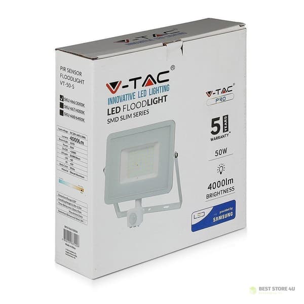 LED-projektor V-TAC 50W SAMSUNG CHIP Rörelsesensor Avstängningsfunktion Vit VT-50-SW 3000K 4000lm 5 års garanti