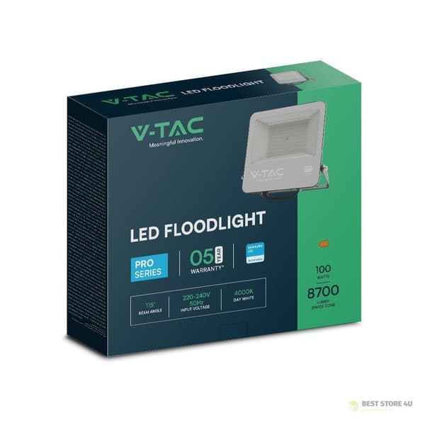 LED-projektor V-TAC 100W 100Lm/W 1m kabel SAMSUNG CHIP sort VT-44104 4000K 8700lm 5 års garanti