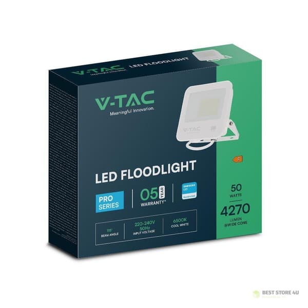 LED-projektor V-TAC 50W SAMSUNG CHIP PRO-S Vit VT-44055 6500K 4270lm 5 års garanti