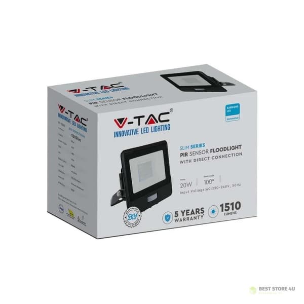 LED-projektor V-TAC 20W SAMSUNG CHIP Rörelsesensor Svart MED MUFF VT-128S-B 3000K 1510lm 5 års garanti