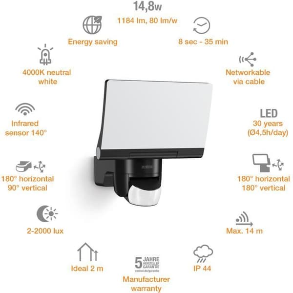 STEINEL - Utomhusstrålkastare med sensor - XLED Home 2 S - 13,7W 3000K IP44 - Svart