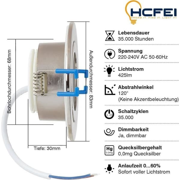 Set om 6 LED inbyggnadsspots Flat Dim IP44 i aluminium