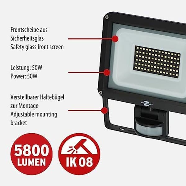 LED-lampa - BRENNENSTUHL - JARO 7060 P - 5400 lm - 50 W - IP65 - Rörelsedetektor