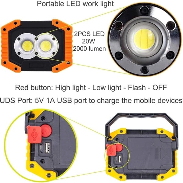 OBOSOE Bärbar 30W LED Arbetslampa Uppladdningsbar Vattentät Camping Spotlight & Flodbelysning (1-pack)
