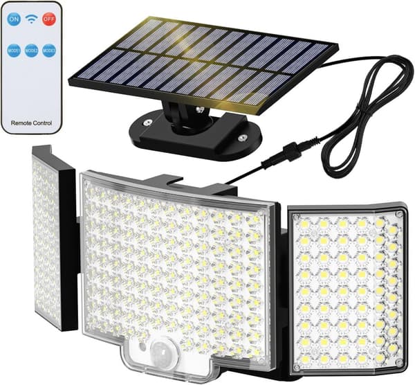 OBOSOE 4-pack Solcellslampa med Sensor, 212 LED Strålkastare, 270° Vinkel, Fjärrkontroll, Utomhusbruk