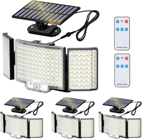 OBOSOE 4-pack Solcellslampa med Sensor, 212 LED Strålkastare, 270° Vinkel, Fjärrkontroll, Utomhusbruk
