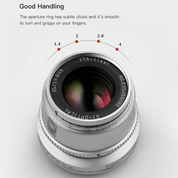 Objektiv TTArtisan F1.4 35 mm - Fuji X-fäste - Bländare F1.4 - Fokuseringsavstånd 0,28 m - Lätt 180 g