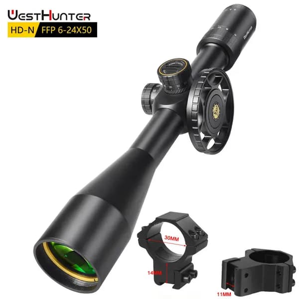 Metsästyskaukoputki, 6-24x50 suurennus, ensimmäisen polttopisteen teknologia, Matala 11mm kiinnike