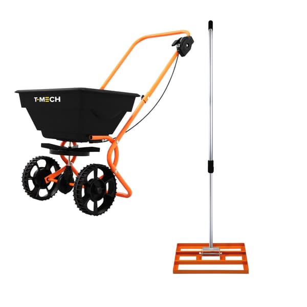 Set Grass Leveling Green/Orange 50/100cm + Rotating Spreader 25kg load capacity, adjustable spreading width (up to 3m) | Extendable handle | Water Oranssi 50 cm