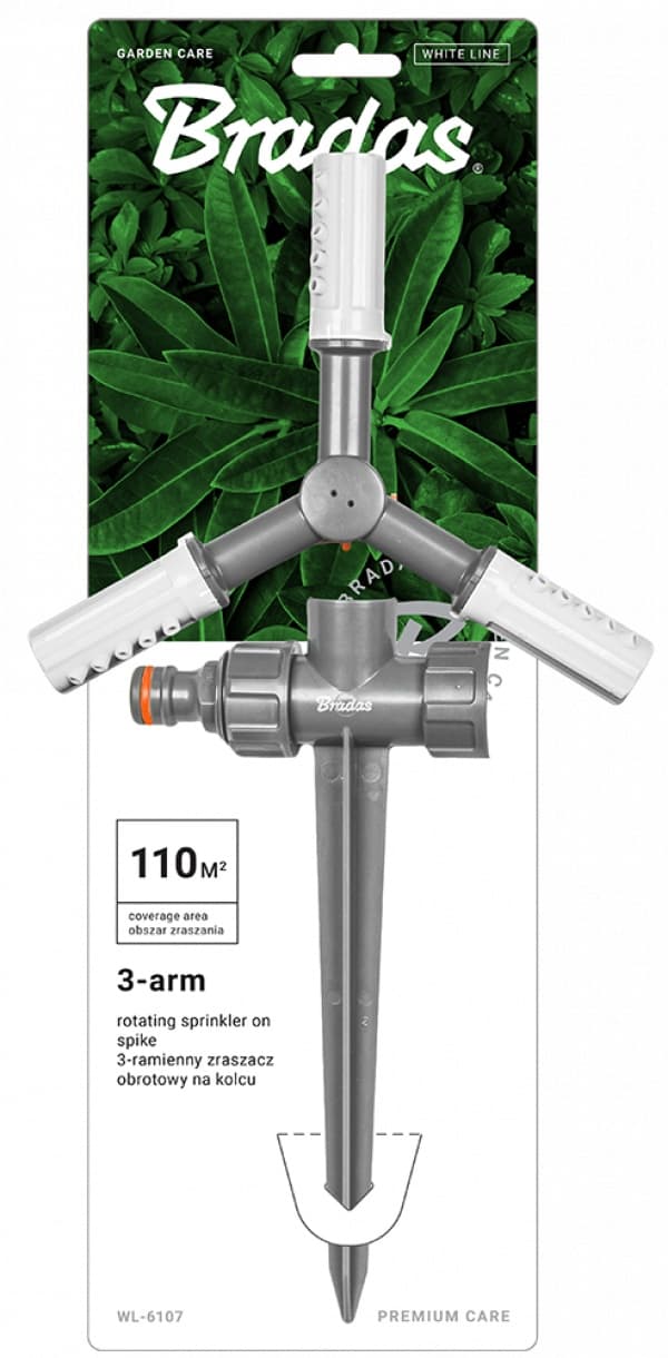 5 tuotteen paketti. WHITE LINE 3-arm rotating sprinkler on spike - blister