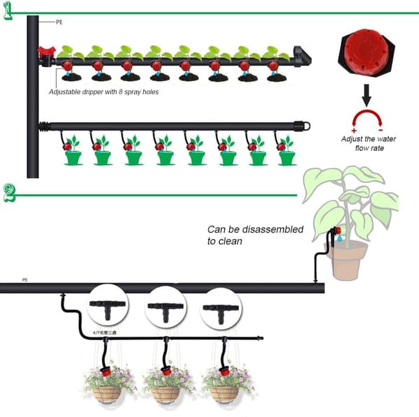 100 stk drypvanding, justerbart automatisk drypvandingssystem, drypslange, mikrosprinklere, emitter-dråber til planter