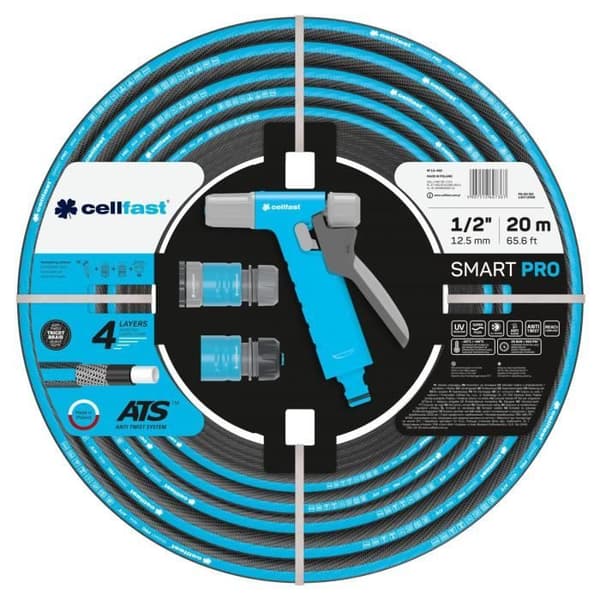 Trädgårdsslang med tillbehör Cellfast SMART PRO ATS 1/2" - 20 m - 4 lager stickat tyg Smidigt UV- och algbeständigt